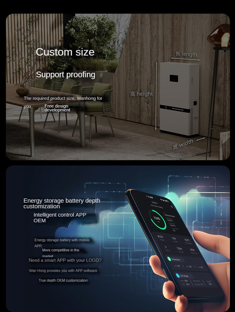 48V, 51.2V, 100Ah-200Ah wall-mounted energy storage batteries, suitable for vertical lithium iron phosphate household energy storage systems with 5 kWh and 10 kWh power output