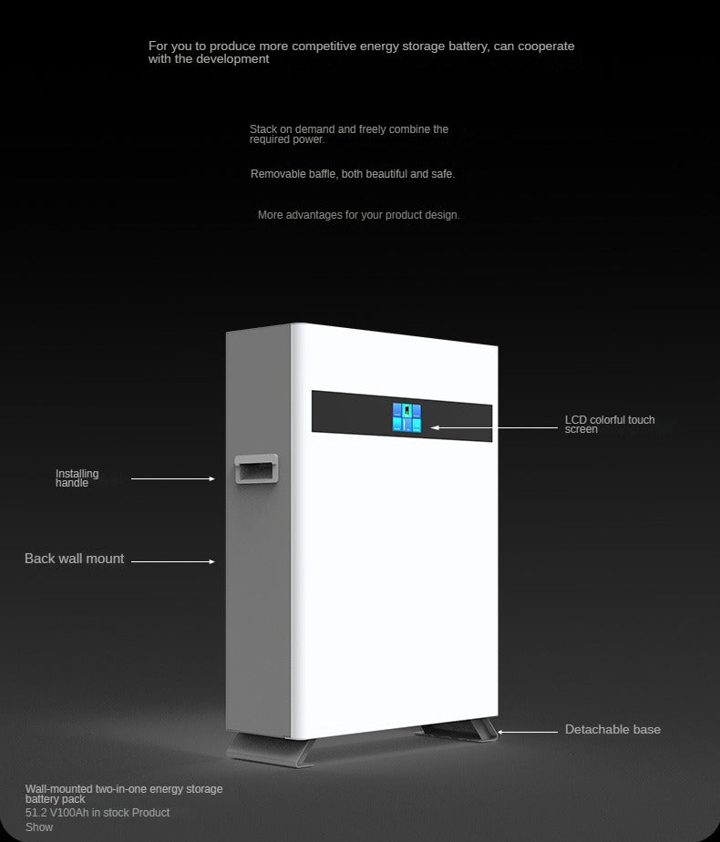 48V, 51.2V, 100Ah-200Ah wall-mounted energy storage batteries, suitable for vertical lithium iron phosphate household energy storage systems with 5 kWh and 10 kWh power output